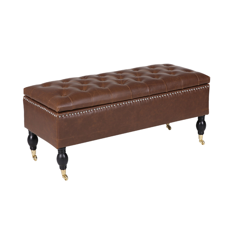 English Style Black Movable Leather Storage Stool with Wheels