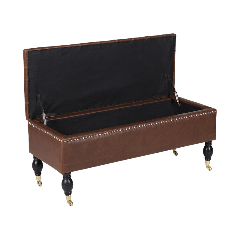 English Style Black Movable Leather Storage Stool with Wheels