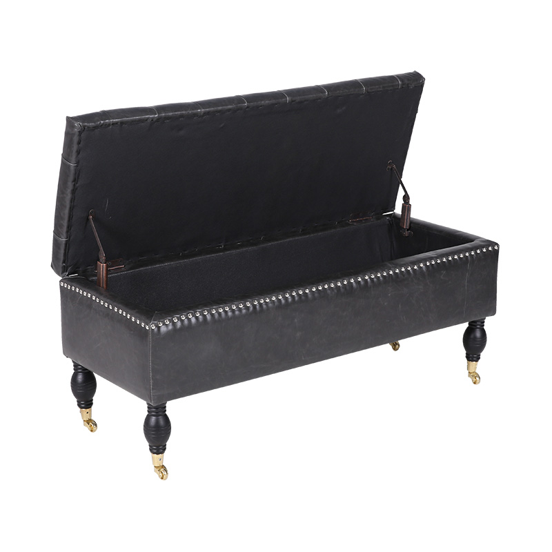 English Style Black Movable Leather Storage Stool with Wheels