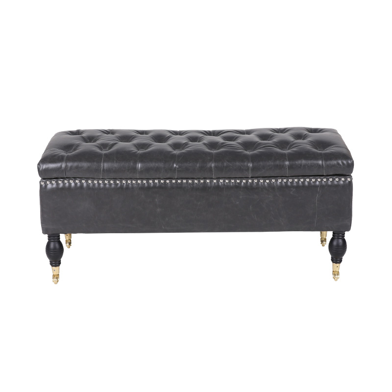 English Style Black Movable Leather Storage Stool with Wheels