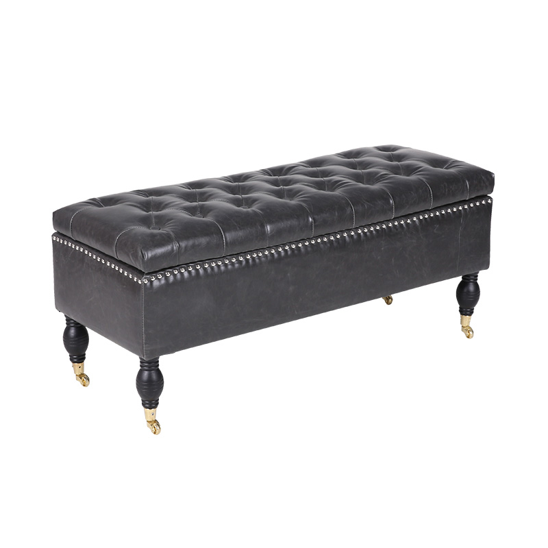 English Style Black Movable Leather Storage Stool with Wheels